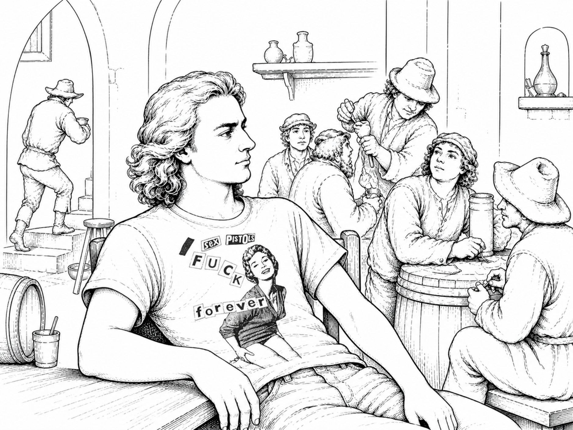 Black-and-white illustration of a modern punk-inspired young man seated inside a Renaissance tavern, contrasting rebellion, creativity, and tradition.