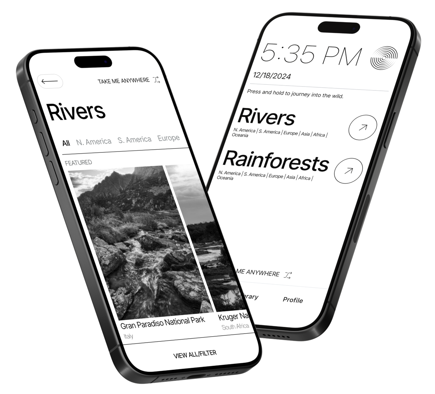 Minimal black-and-white WILDSOUND mobile app interface showing immersive river and rainforest soundscapes connected to real-world locations.