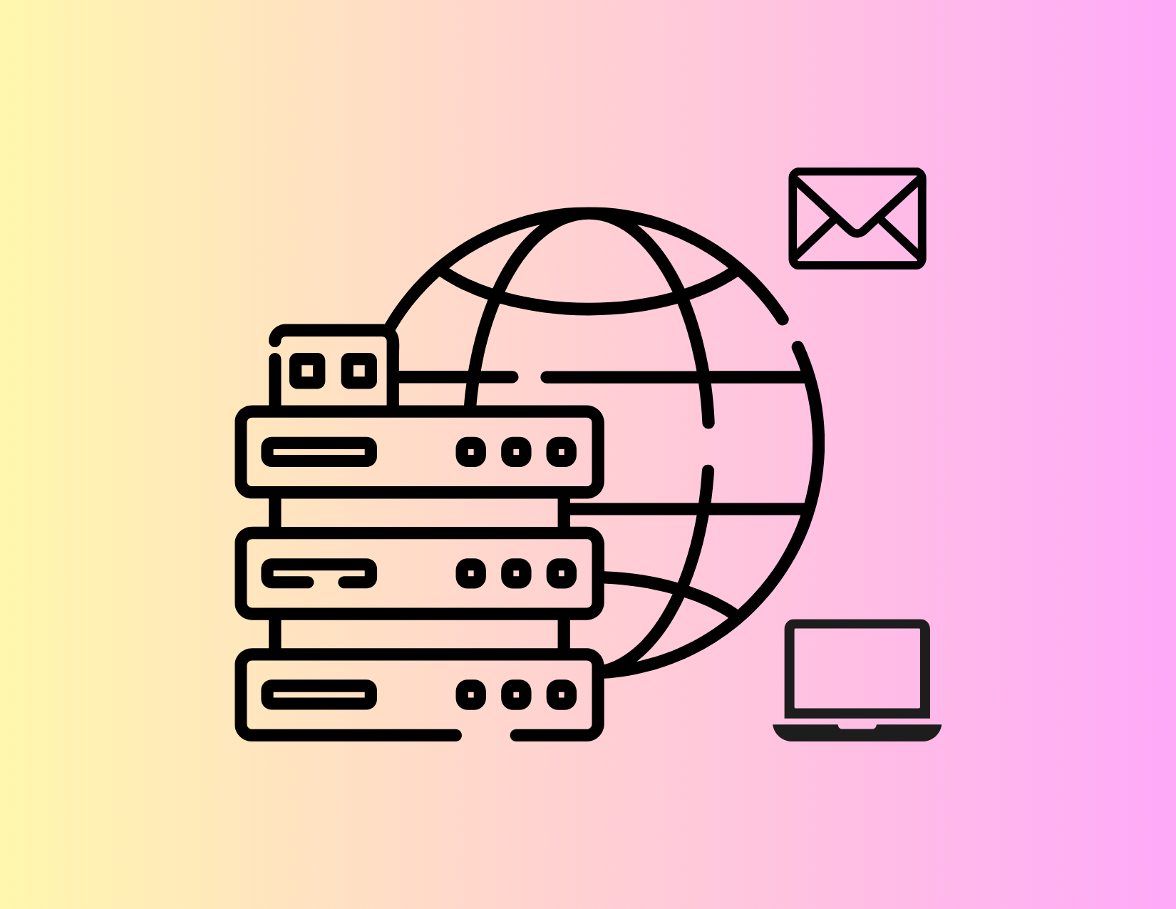 Outline icon of a globe with server racks, email, and laptop symbols on a pastel gradient background.