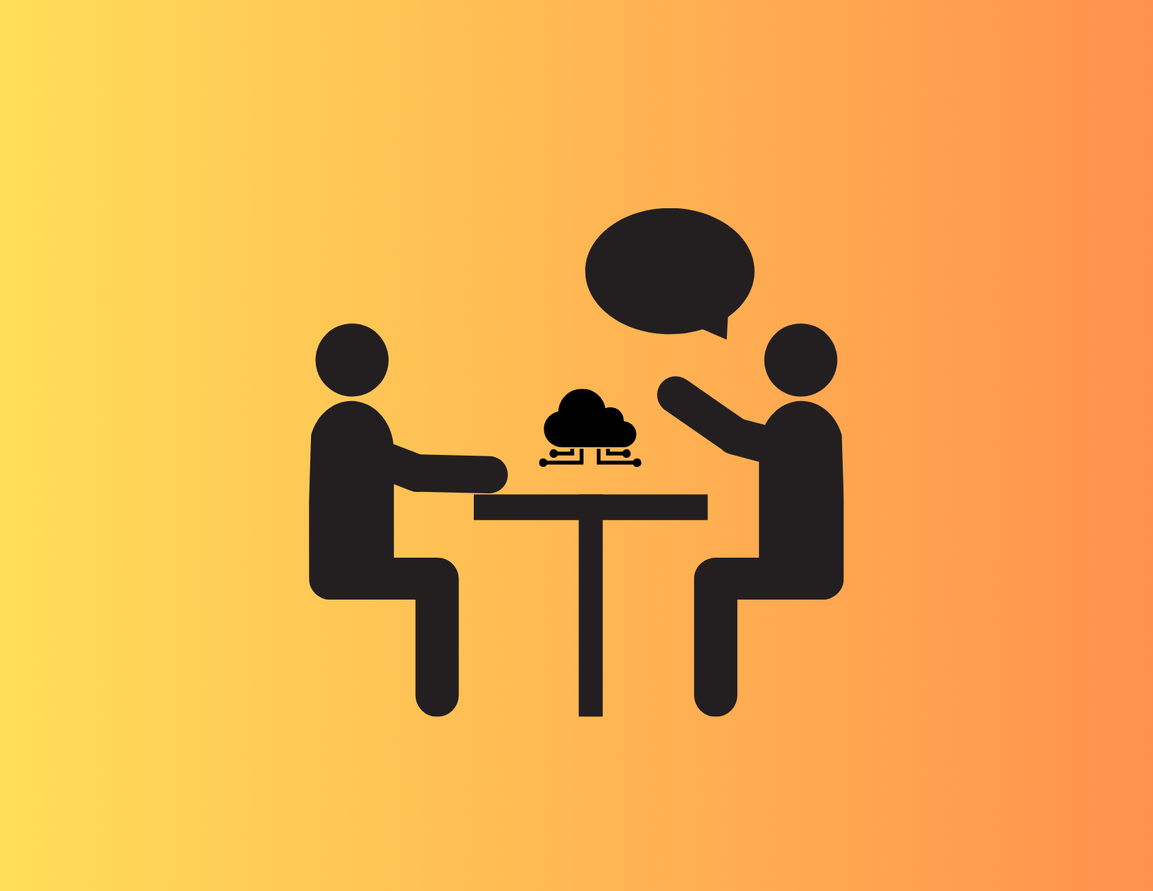 Two people sitting at a table with a cloud and connection symbols between them, engaged in a conversation, with a speech bubble above the person on the right.
