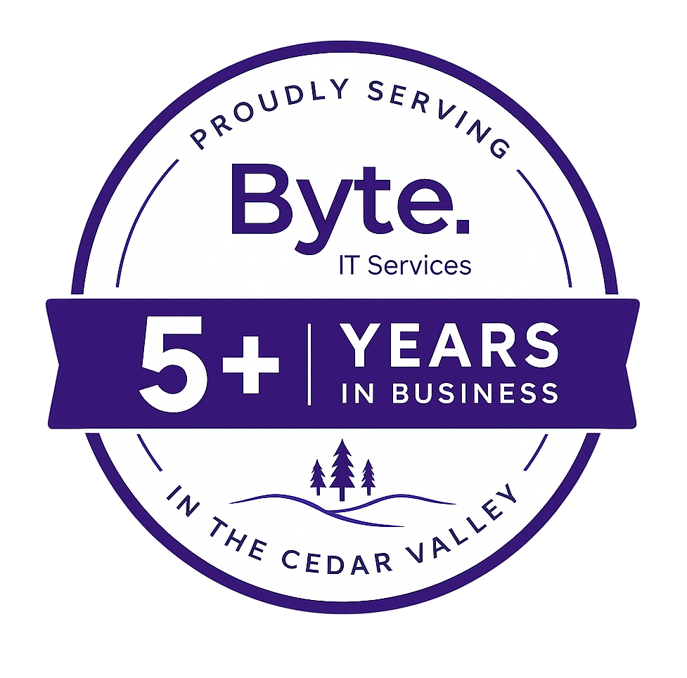 A badge or logo celebrating Byte IT Services' 5+ years in business in the Cedar Valley, featuring trees and a mountain landscape design.