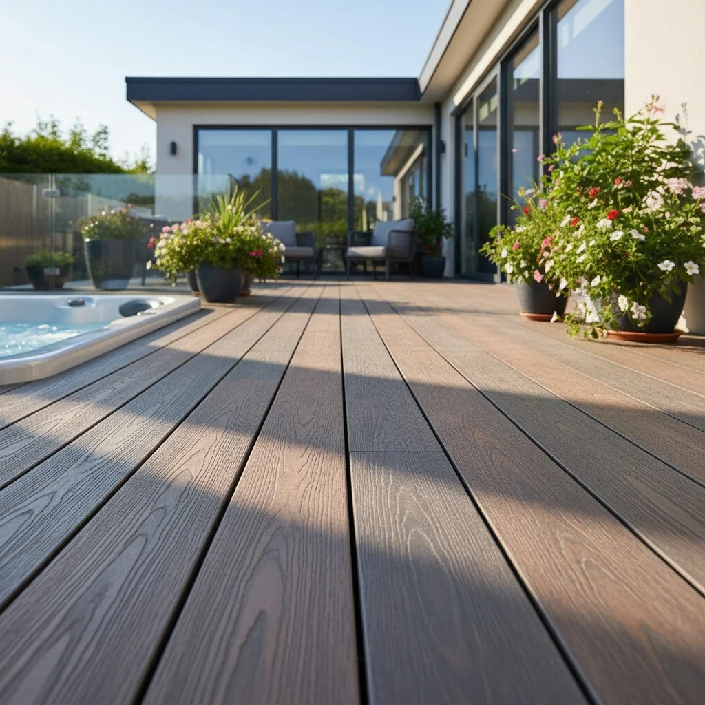 A modern house backyard with a wooden deck, potted flowers, patio furniture, and a glass railing, with a hot tub on the left.
