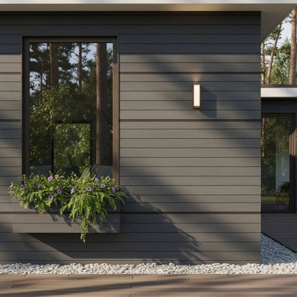 Exterior of a modern house with gray horizontal siding, a large window with reflection of trees, a flower box with purple flowers and greenery, a wall-mounted light fixture, and a gravel bed with wooden and gravel pathway.