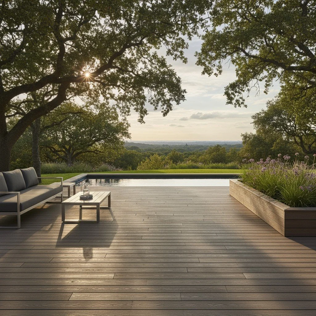 A wooden deck with outdoor furniture, overlooking a lush landscape with trees and a cloudy sky, with a small pool or pond in the distance.