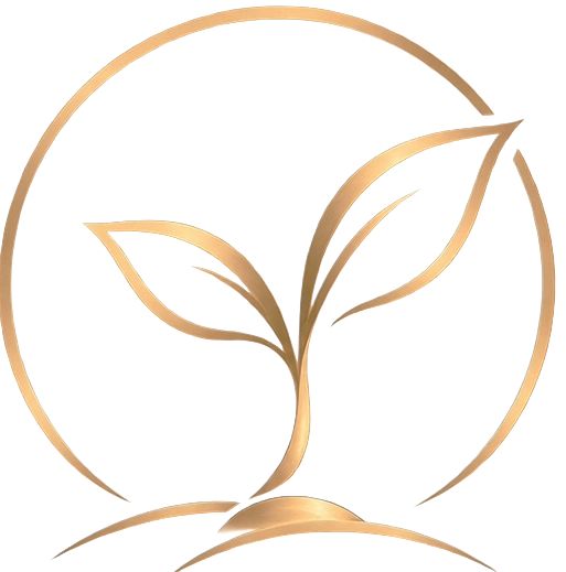 Simplified artistic illustration of a plant with two leaves within a circular frame.