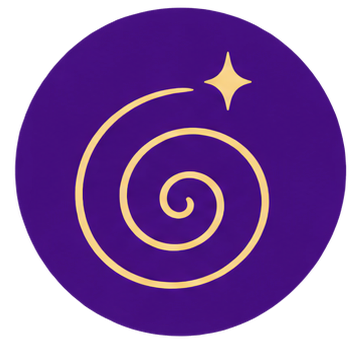 A purple circular background with a yellow spiral and a yellow star at the top right.
