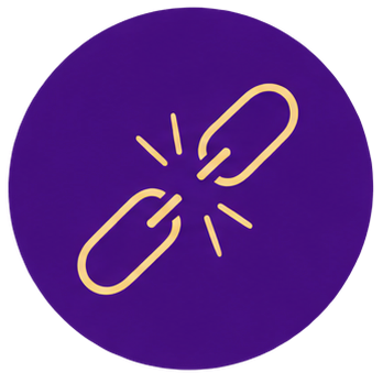 An icon of a broken chain link with lines indicating it is snapped or disconnected, set against a dark purple circular background.