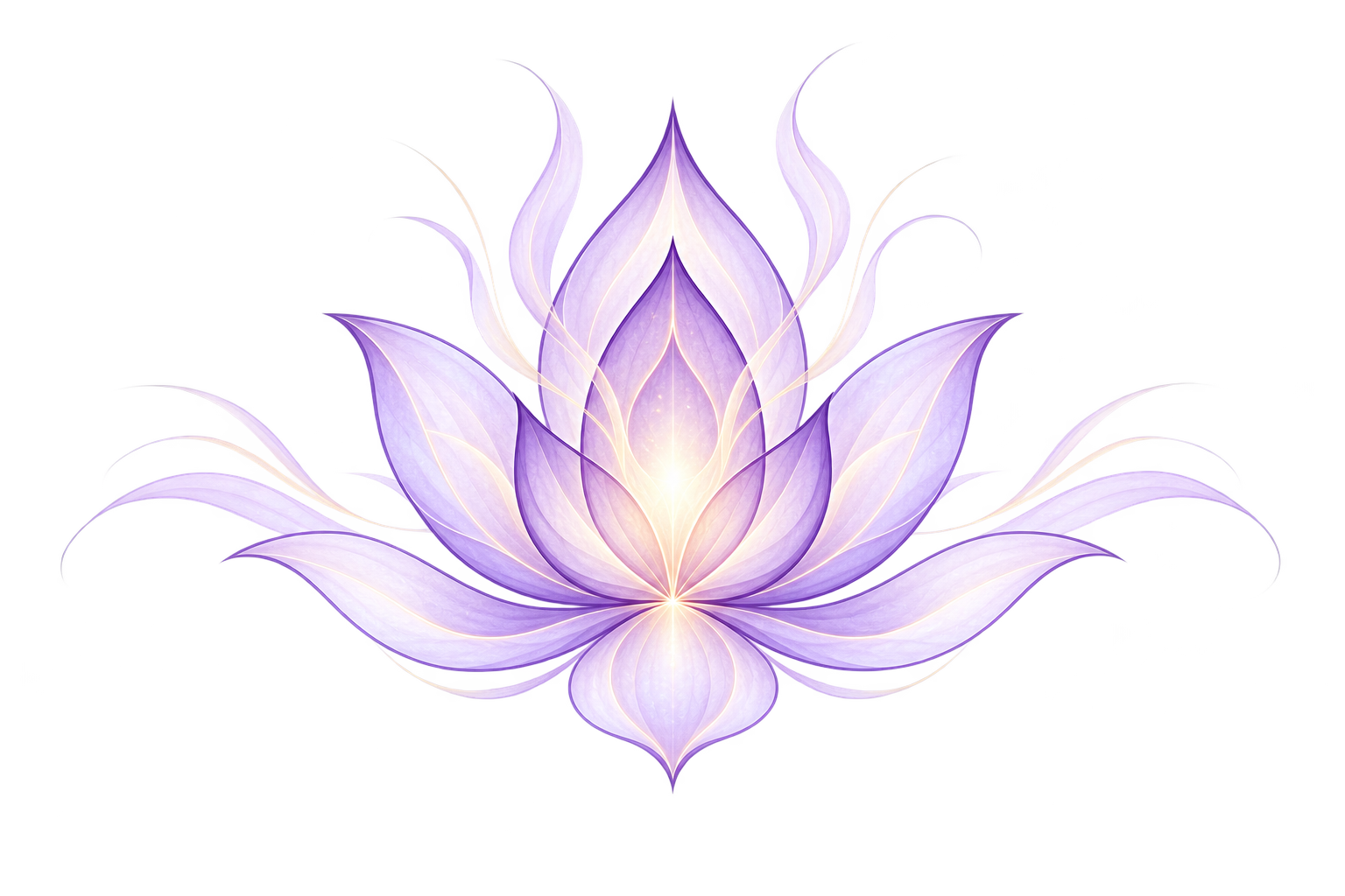 A digital illustration of a glowing purple and white lotus flower with luminous petals against a black background.