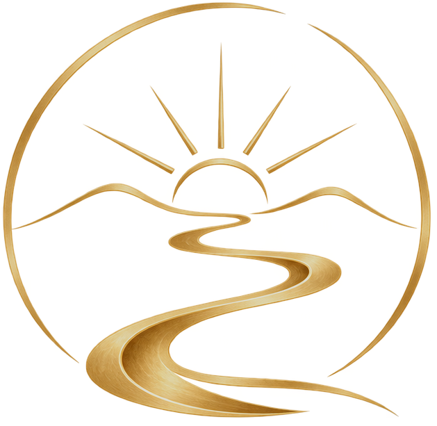 A circular logo featuring a yellow background with a sunrise behind mountains, a winding road in the foreground, and stylized sun rays extending from the top.