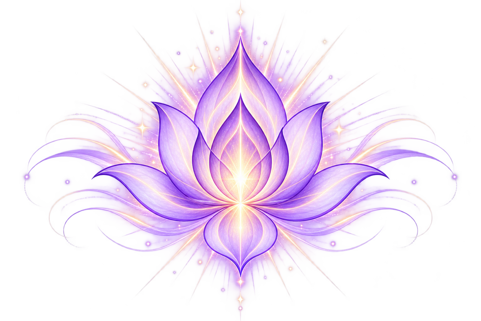A glowing purple lotus flower with intricate petals, surrounded by radiant light and sparkles, creating a mystical and spiritual visual.