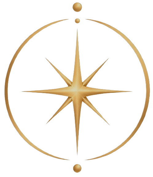 A vintage gold compass with a decorative large central star, mounted on a transparent background.