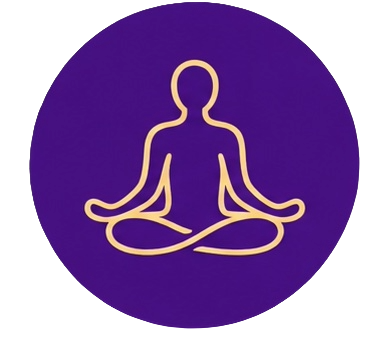 Icon of a person meditating in a cross-legged position on a purple background.