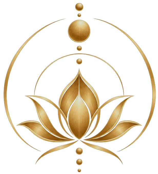 A golden and brown lotus flower within a geometric circle, decorated with smaller spheres on top and bottom.