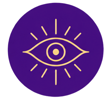 A stylized eye symbol with radiating lines on a purple background.