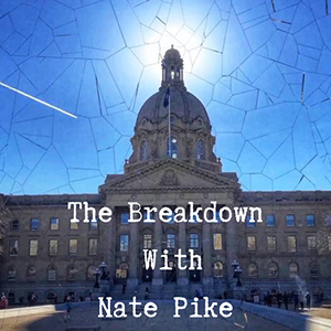 The image features the exterior of a large, historic government building with a domed roof against a bright blue sky. There are cracks in the sky, possibly edited or artistic. Text overlays read 'The Breakdown With Nate Pike.'