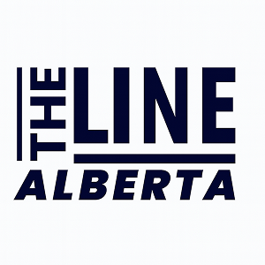 Graphic design with bold text that reads 'The Line Alberta' in dark blue letters on a white background.