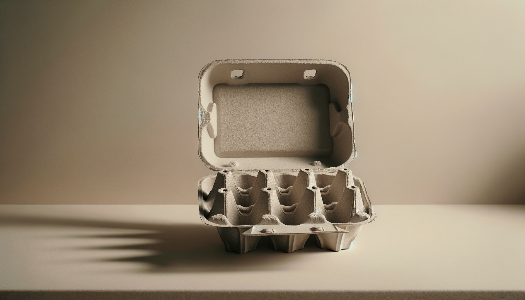 Empty cardboard egg carton with a lid, placed on a white surface in front of a beige background.