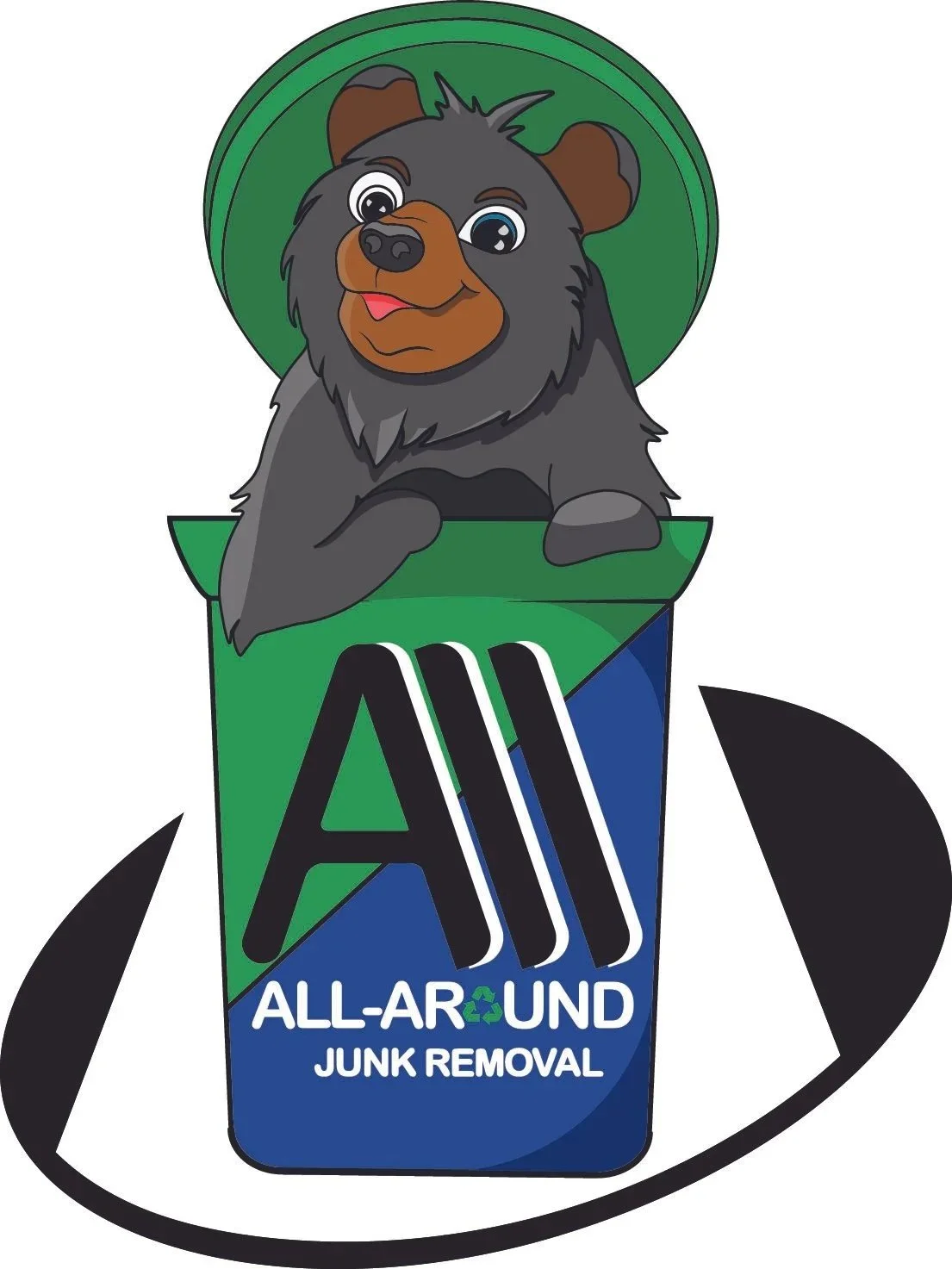 A cartoon bear emerging from a recycling bin labeled 'All-Around Junk Removal'.