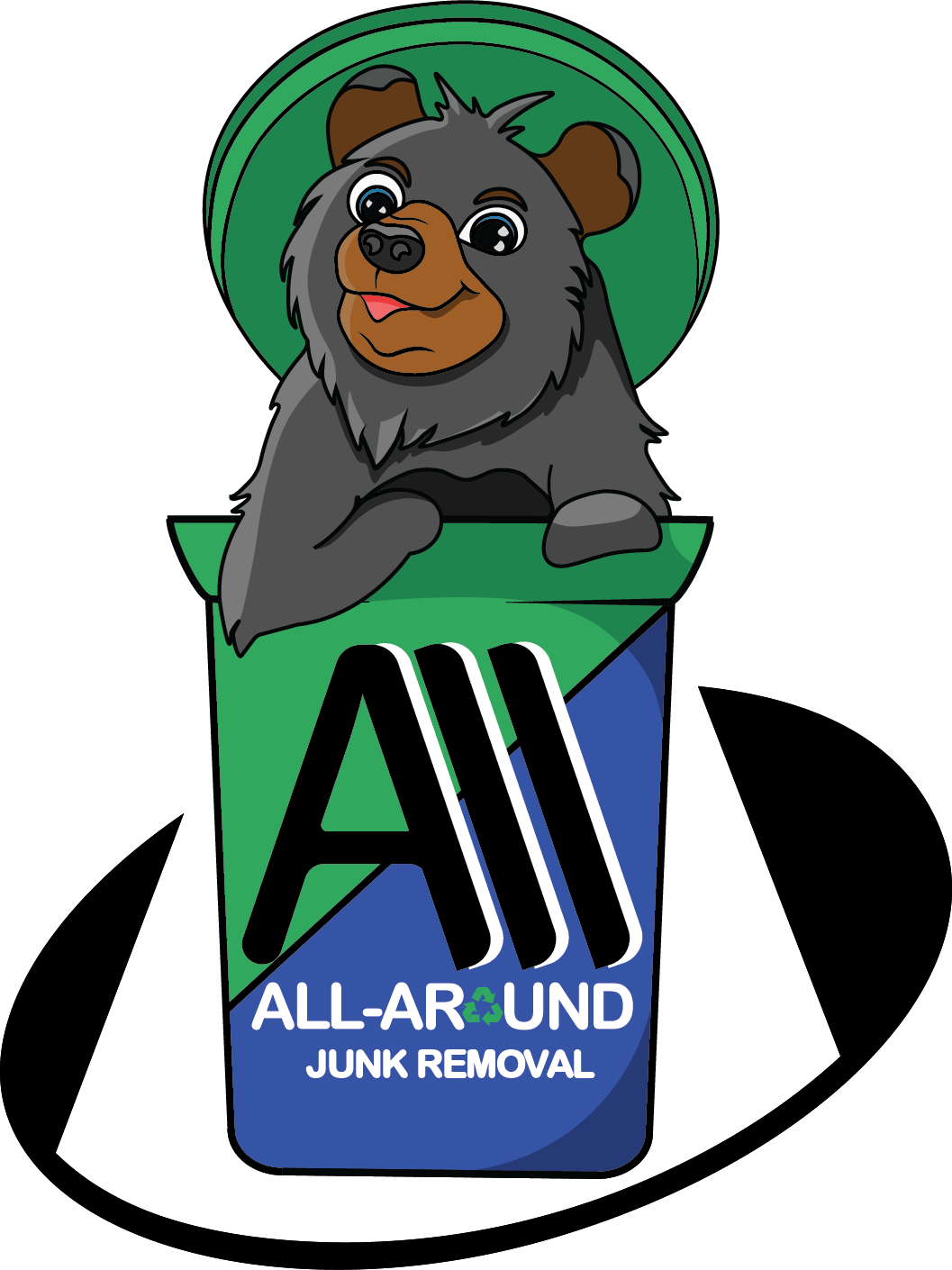 Logo for All-Around Junk Removal featuring a cartoon bear with a friendly expression, sitting on a green and blue background with the company’s name.