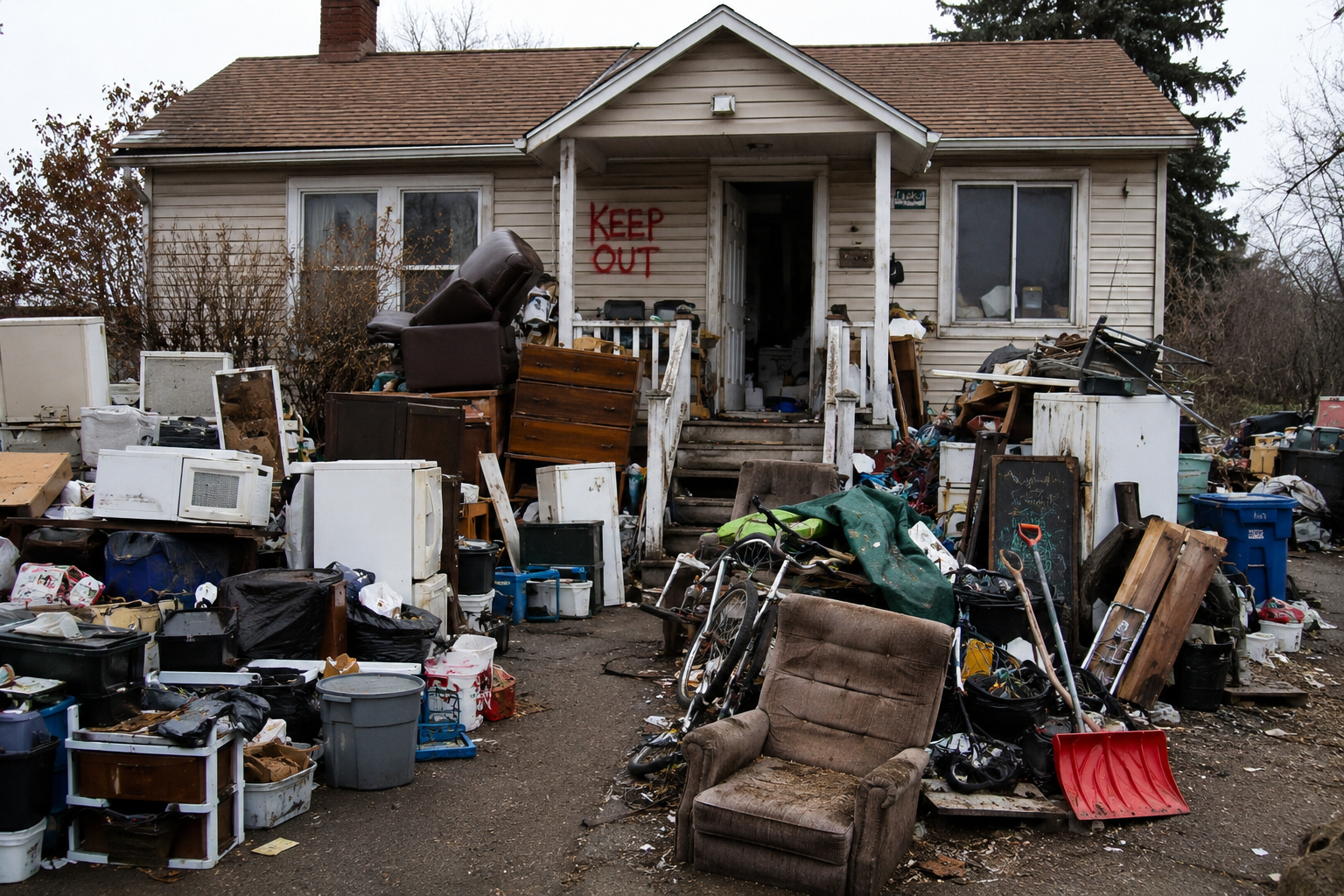 Littered front yard and porch of a house with signs of neglect, including a 'KEEP OUT' sign on the porch, cluttered with old appliances, furniture, and debris, with a bicycle and a snow shovel in the yard.