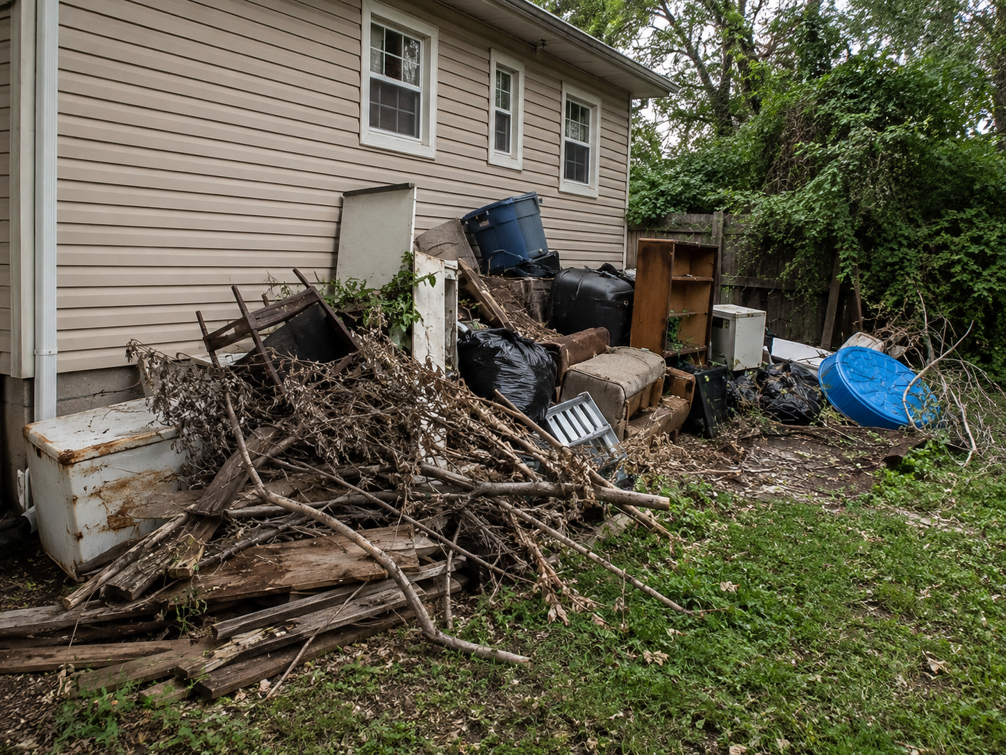 Disorganized backyard clutter next to beige house wall, includes branches, trash bags, furniture, and plastic items.