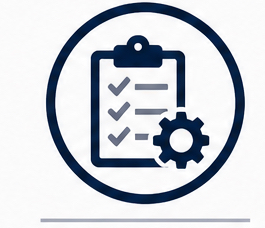 Icon of a checklist on a clipboard with a gear symbol, enclosed in a circle.