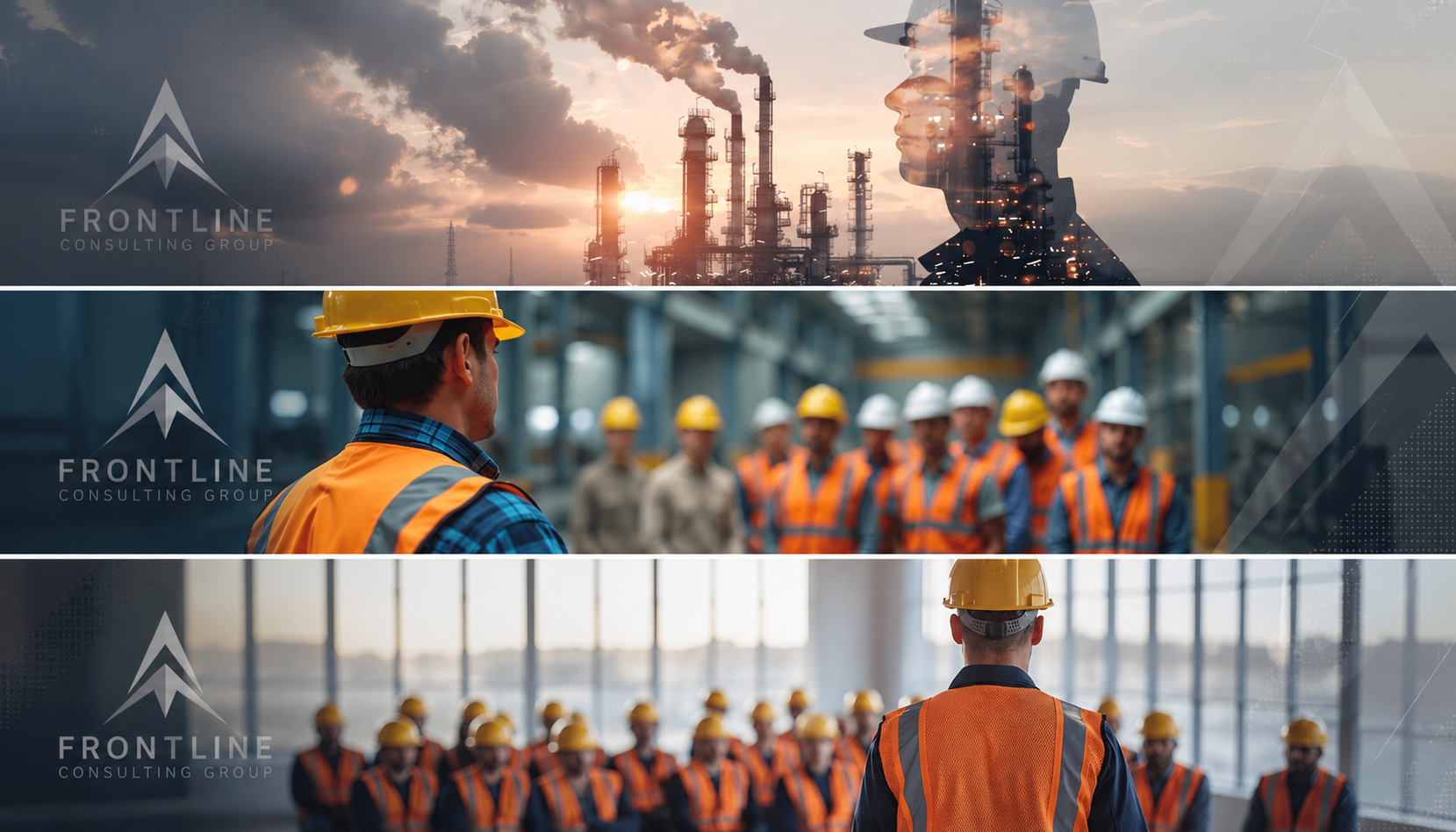 Composite image showing three sections: the top with a silhouette of a woman in a hard hat superimposed over an industrial oil refinery at sunset; the middle with a man in a yellow hard hat and orange safety vest speaking to a group of workers in an industrial setting; and the bottom with a man in a yellow hard hat and orange safety vest addressing a group of workers with yellow hard hats inside a large facility, all wearing safety gear.