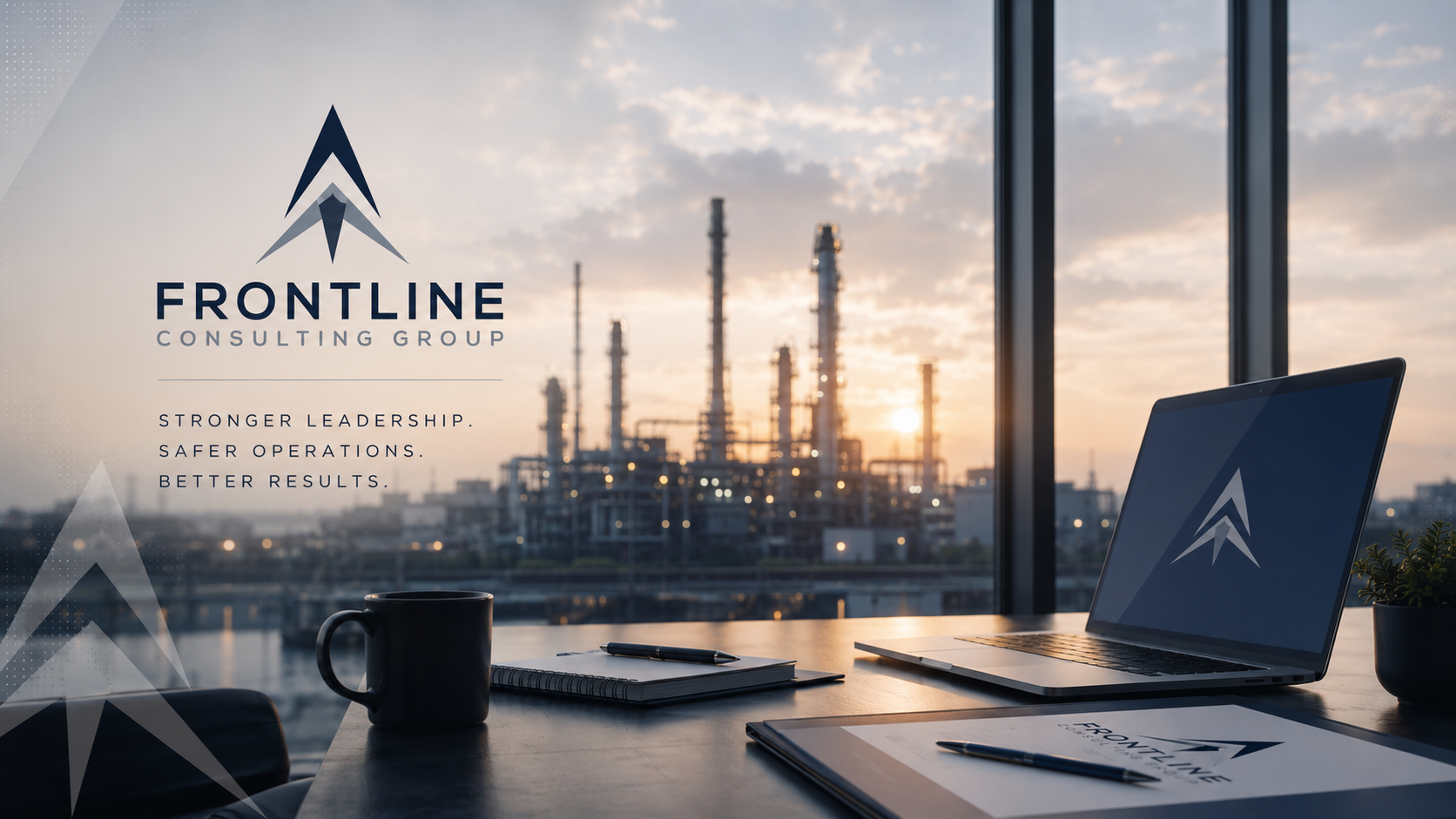 Office desk with a laptop displaying a logo, a notepad, a pen, a coffee mug, and a potted plant set against large windows showing an industrial skyline at sunset. Overlaid text says 'Frontline Consulting Group, stronger leadership, safer operations, better results.'