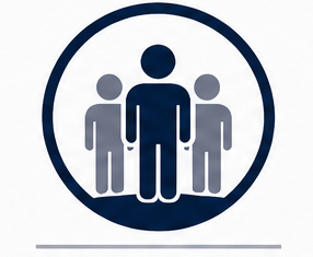 Icon of three stylized people inside a circle, with the central figure larger and darker, representing leadership or team.