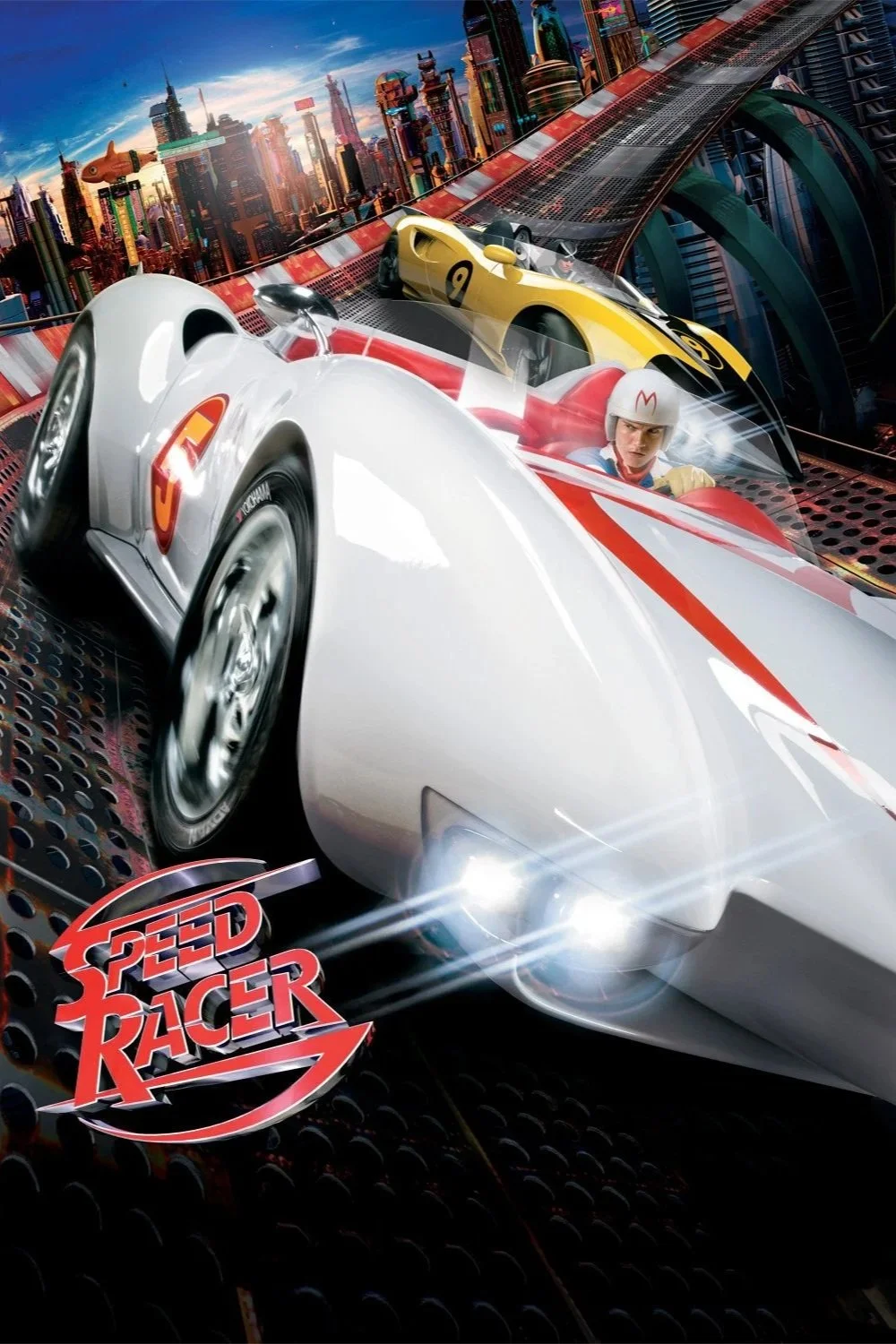 A poster for the movie 'Speed Racer' featuring two futuristic race cars, one white with red accents and the number 5, and the other yellow with black accents, racing on a city track with a skyline in the background.