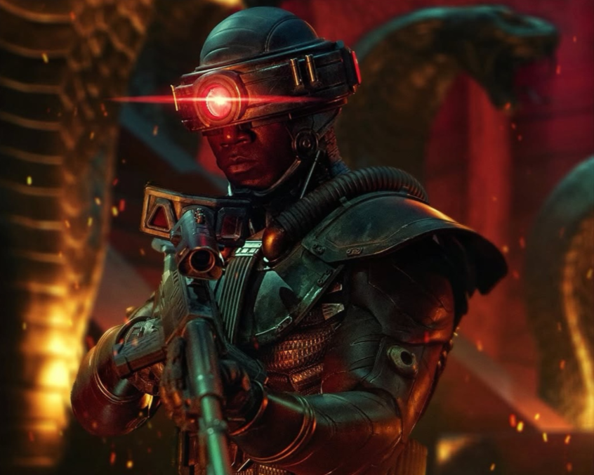 Tri-klops from 2026 Masters of the universe film, with a scope aiming a gun, wearing advanced armour based on cartoon design with a helmet featuring a red eye made by FBFX Ltd. set against a sci-fi background.