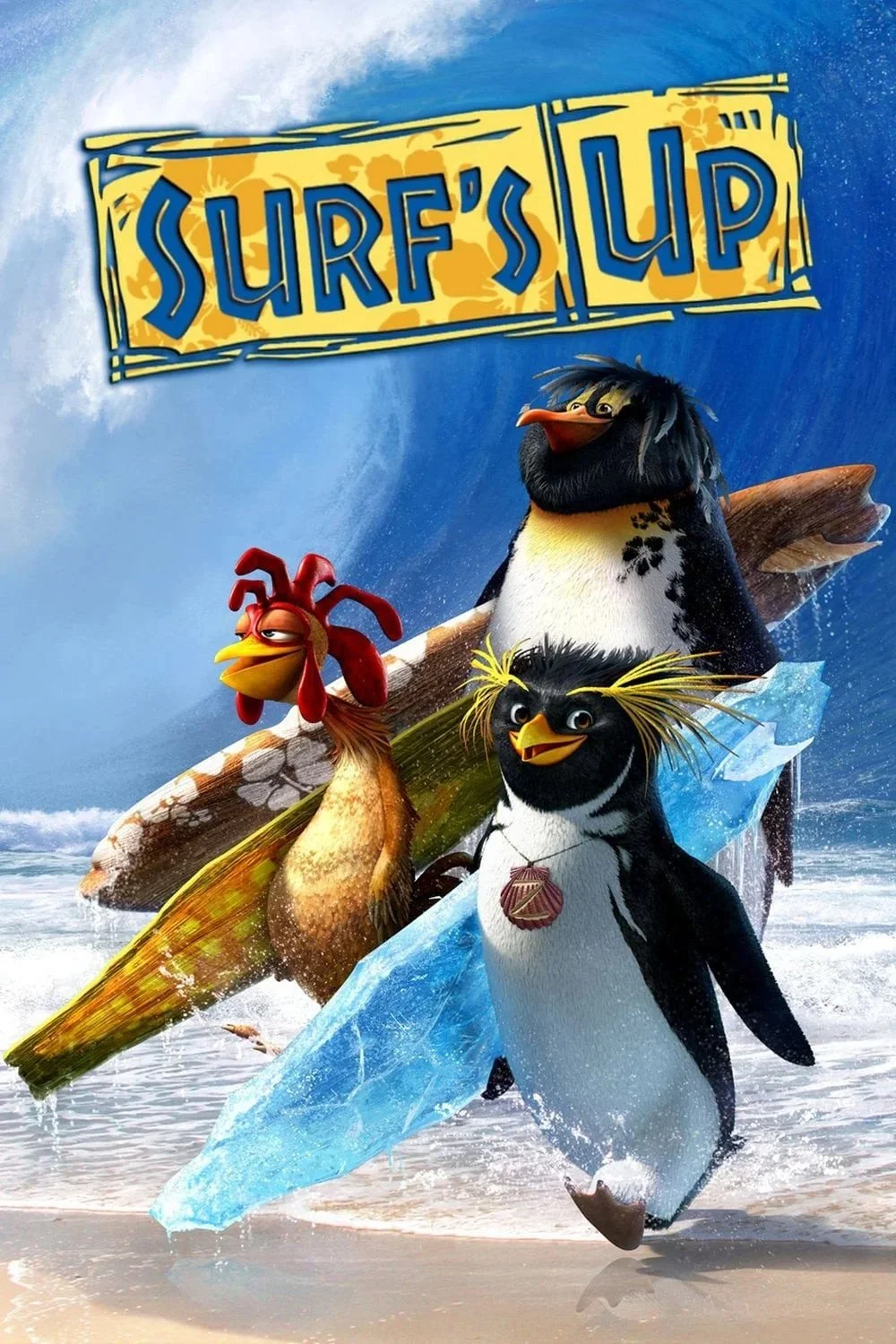 Animated penguins and a chicken on surfboards at the beach with a blue sky background, from the movie 'Surf's Up.'