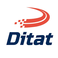 Digital logo with a stylized red swoosh and pixelated trail above the word 'Ditat' in blue.