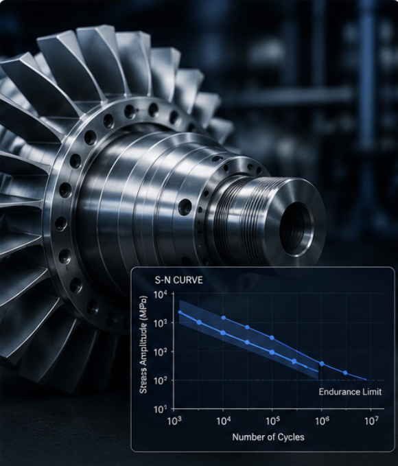 Close-up of a large industrial turbine with a graph overlay showing the S-N curve for stress amplitude versus number of cycles.