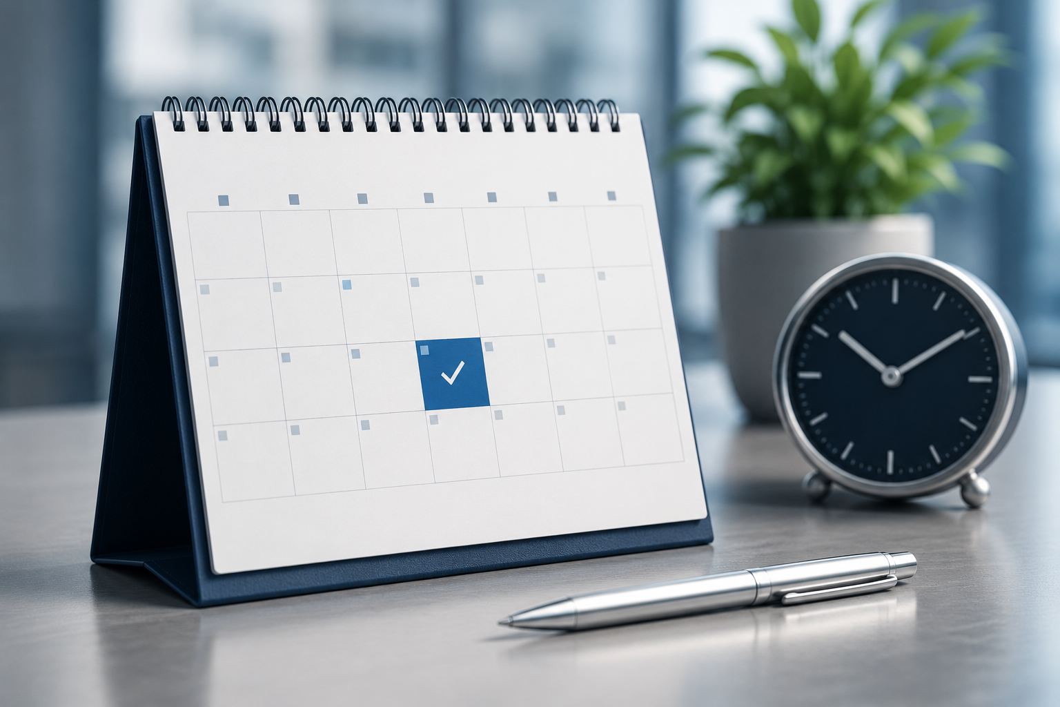 Desk calendar with a checkmark on a specific day, silver pen, black clock, potted plant in the background, on a gray desk.