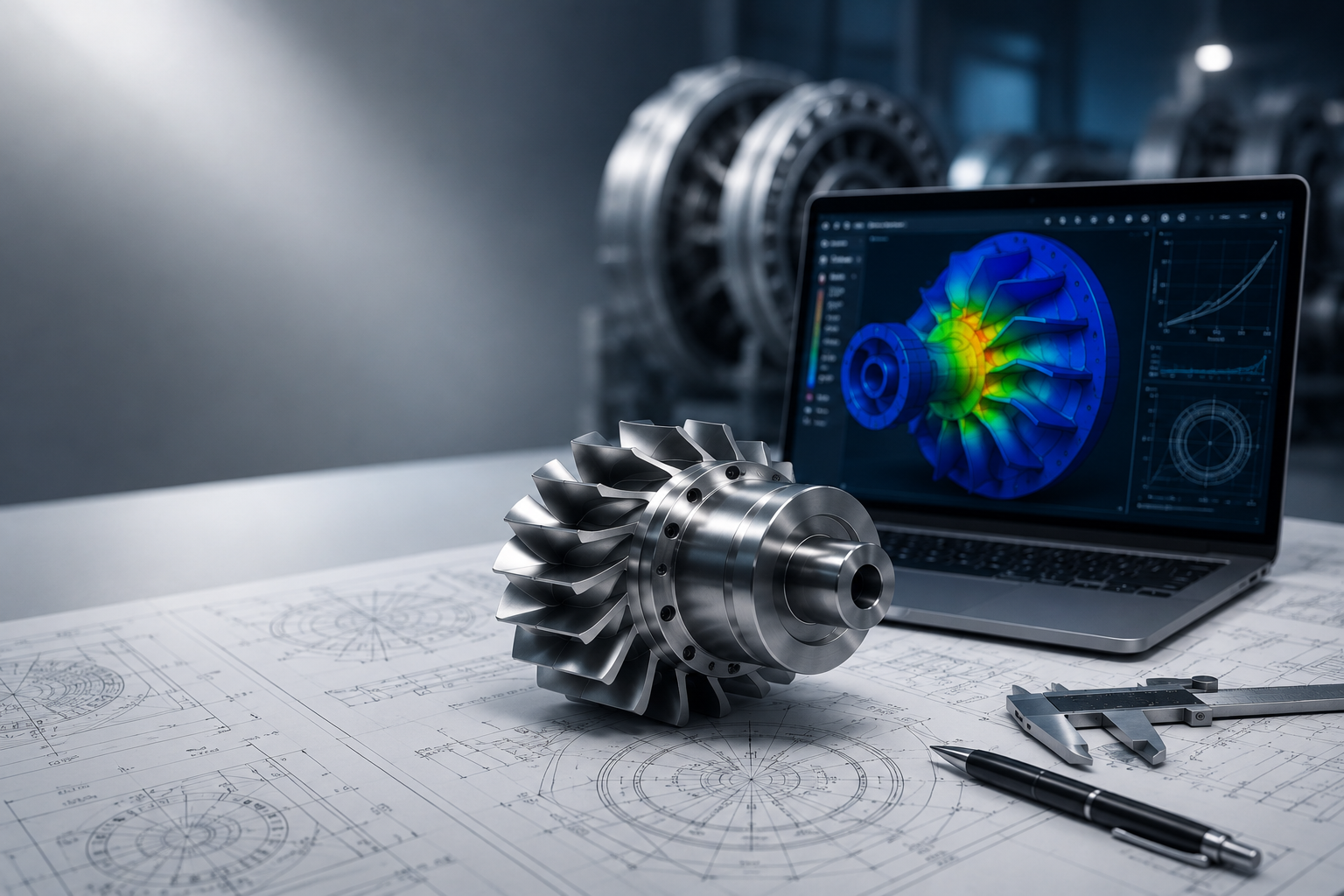 A metal turbine shaft on engineering blueprints, with a caliper and pen nearby, a second turbine shaft in the background, and a computer screen displaying a 3D model and analysis of a turbine.