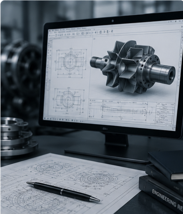Computer screen displaying a 3D CAD model of a turbine component, with engineering drawings and blueprints on the desk.