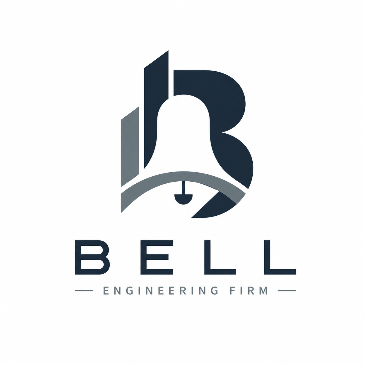 Logo for Bell Engineering Firm featuring a stylized bell icon integrated with the letter B, in dark blue and gray tones, with the company name and tagline underneath.