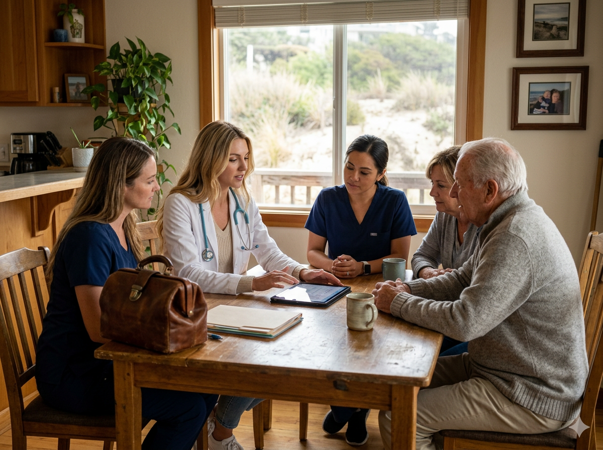 A group of five people, including medical professionals and an elderly man, having a discussion at a wooden dining table in a cozy home interior with paintings and children’s photos on the walls and a large window in the background showing an outdoor landscape.