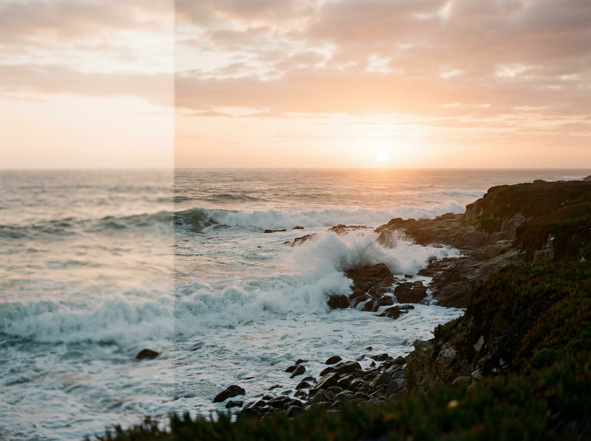 A sunset over the ocean with waves crashing against rocky shoreline and a partly cloudy sky.