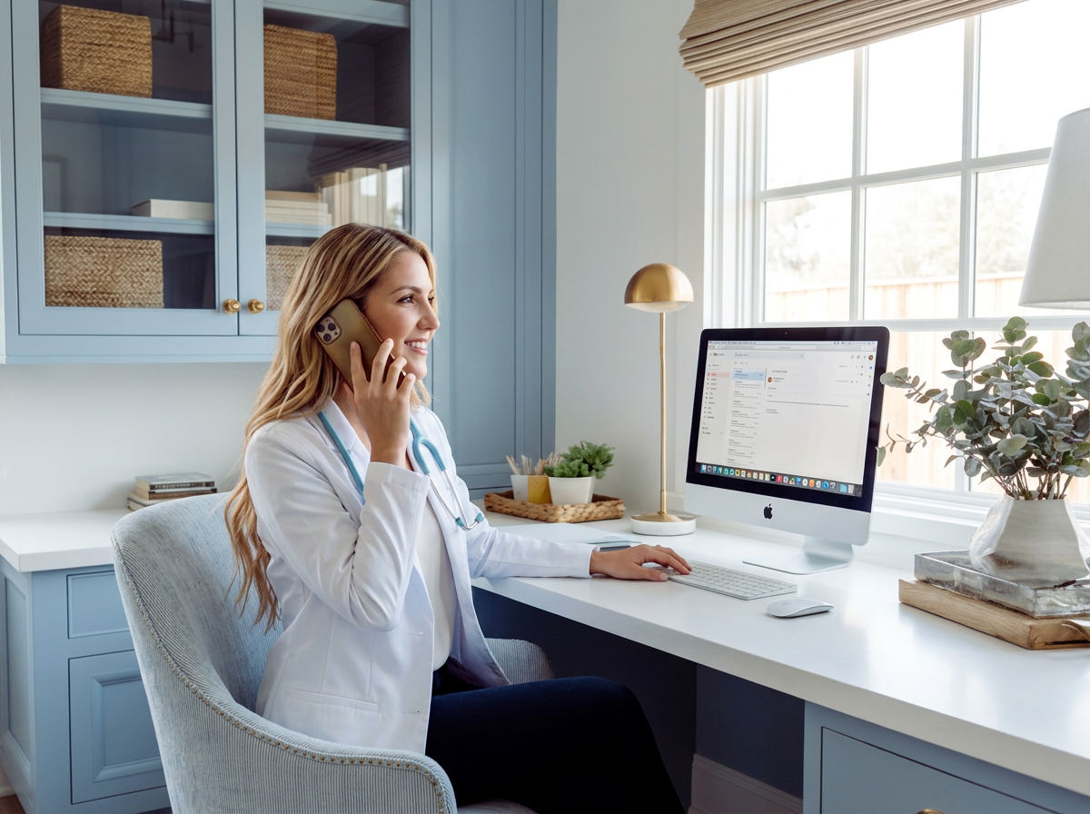 A female doctor talking on a phone in an office, sitting at a desk with a computer, plants, and a window with blinds.