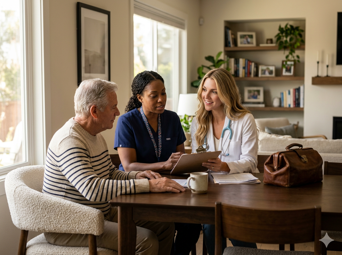 A senior man and two female healthcare professionals, one in navy scrubs and the other in white medical coat with a stethoscope, sitting at a wooden dining table in a brightly lit living room, engaged in conversation.