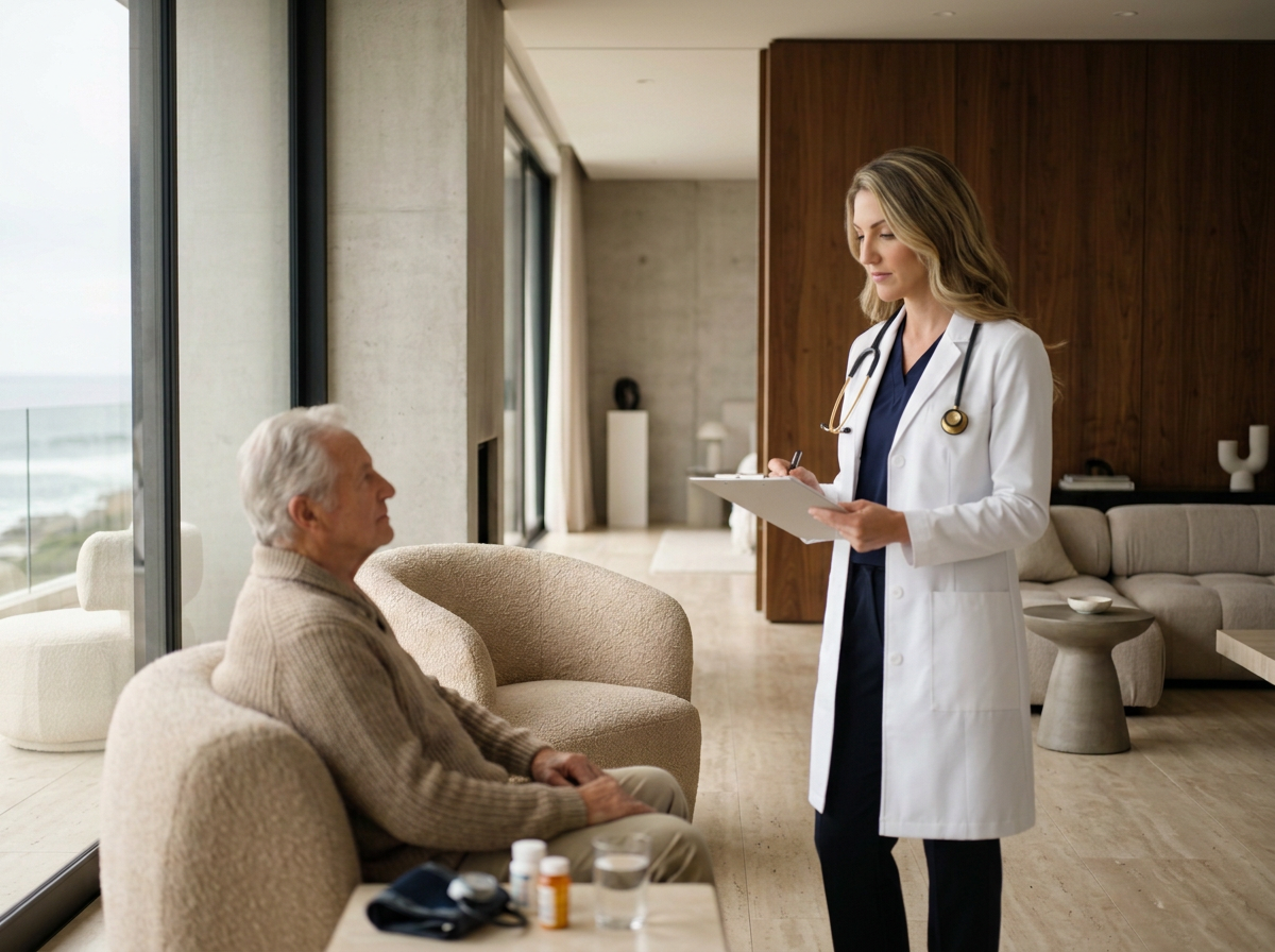 A female doctor in a white coat with a stethoscope around her neck takes notes on a clipboard while talking to an elderly male patient seated on a beige armchair in a modern living room with large windows and ocean view.