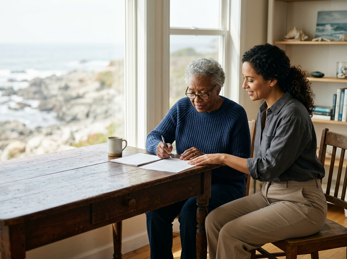An elderly woman with glasses and a young woman are sitting at a wooden table near a large window overlooking the ocean. The elderly woman is writing on a notepad, and the young woman is smiling and gently holding her hand. There is a mug on the table, and a bookshelf with decorative items and books in the background.