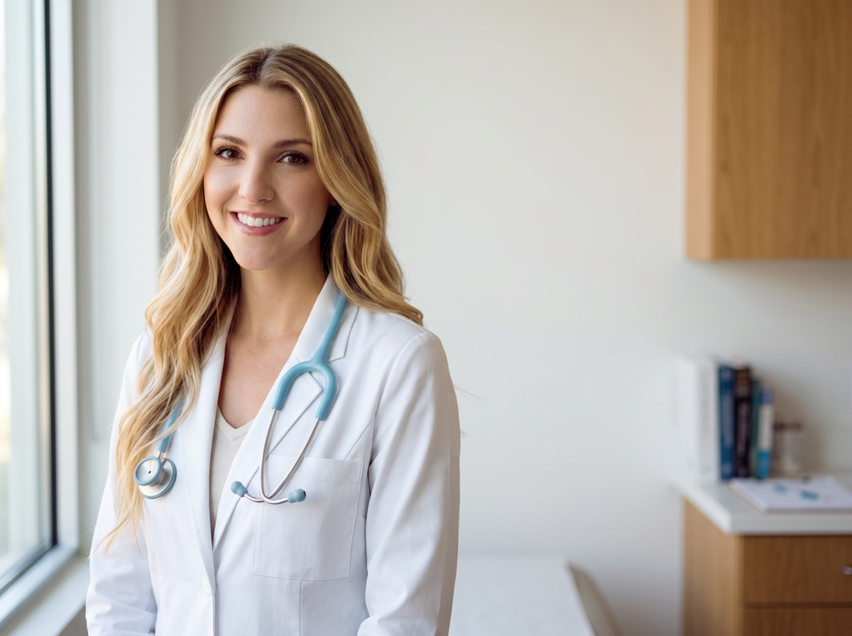 A young female doctor or nurse with long blonde hair, wearing a white coat and a stethoscope around her neck, smiling in a medical office or clinic.