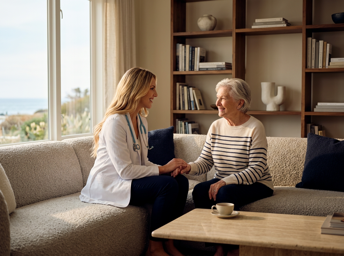 A young female doctor in a white coat and stethoscope talking and holding hands with an elderly woman in a living room with bookshelves, a beige sofa, a coffee table with a coffee cup, and large window showing an outdoor landscape.