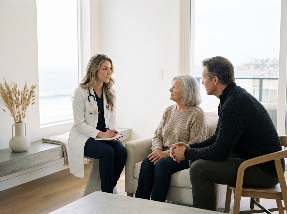 A young female doctor in a white coat with a stethoscope around her neck taking notes while talking to an elderly woman and a man, both sitting on a beige couch in a bright room with large windows overlooking the ocean.