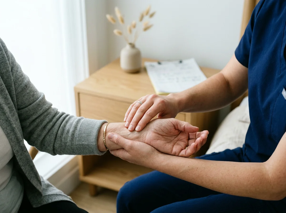 Healthcare professional holding a patient's hand during a consultation in a medical setting.