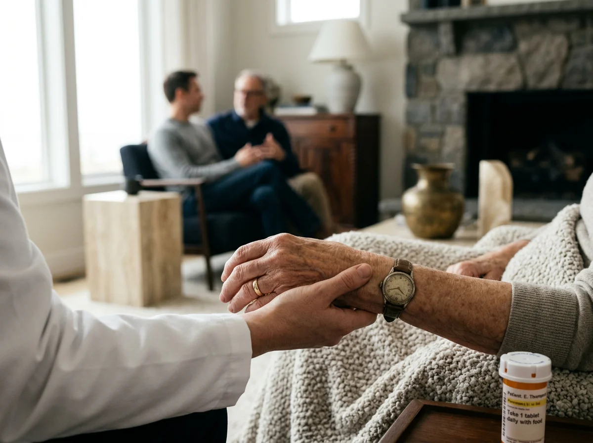 A caregiver holding the hands of an elderly person sitting on a couch in a living room, with two people sitting and talking in the background near a fireplace.