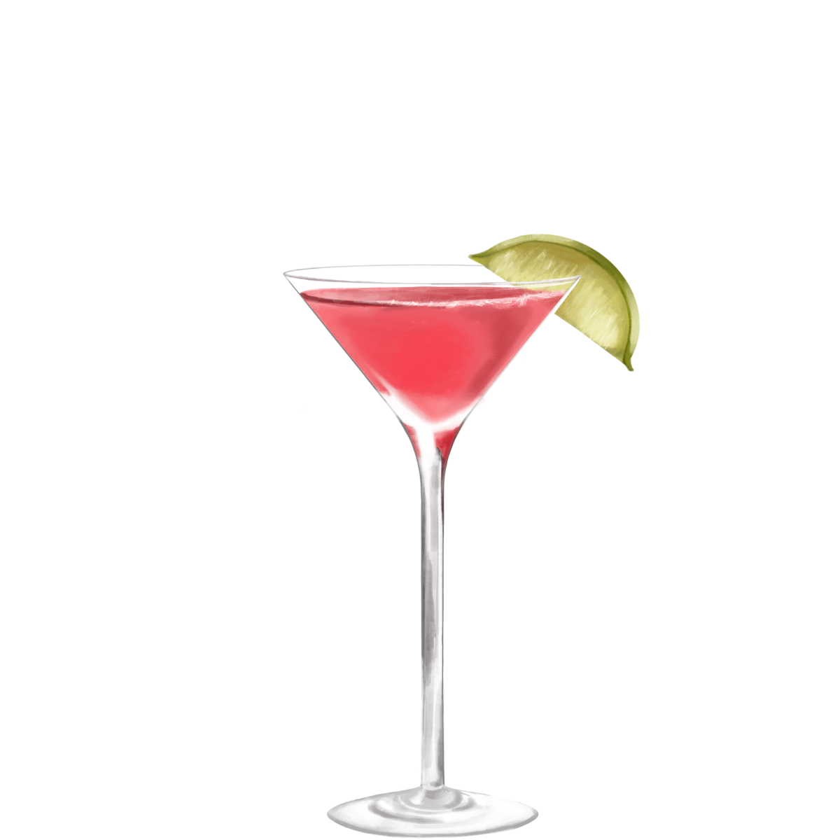 A pink cocktail in a martini glass garnished with a lime wedge